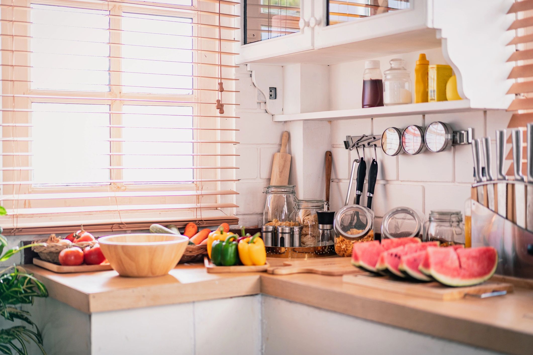 Bright home kitchen with vegetables and sunlight